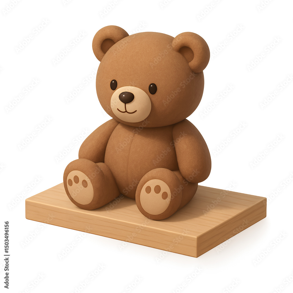 Obraz premium Cute brown teddy bear sitting on a light brown wooden block, concept for children's illustration, toy design, or product packaging