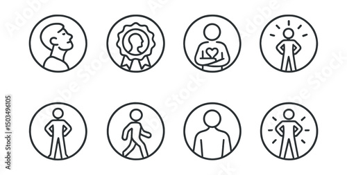 Line style icons of emotions and moods: pride expression icon, lifted chin badge, inner strength symbol, success glow ring, upright posture icon, confident step, self-worth circle, radiant stance.