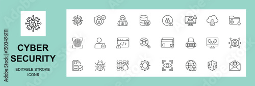 Cyber security icon set. Data protection symbol. Secured network icon collection. Technology concept. Editable stroke.