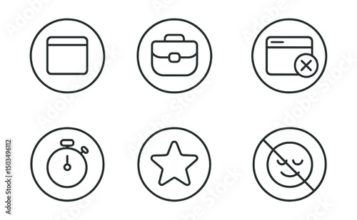 Line style icons of digital minimalism: one-task-at-a-time icon, deep work badge, no background apps ring, single tab focus, project timer symbol, priority icon, no notifications bubble, calm