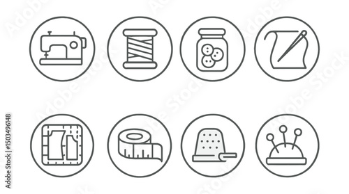 Line style icons of hobbies and creativity: sewing machine in circle, thread spool icon, needle and fabric badge, button jar symbol, pattern cut chart, tape measure icon, thimble and pin ring,