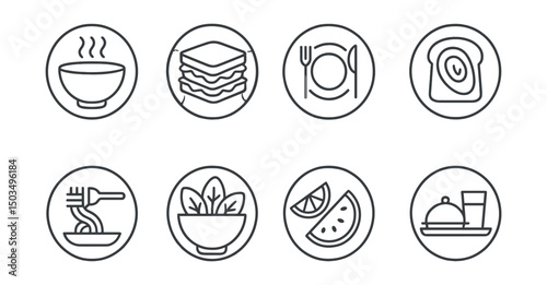 Line style icons of food and drinks: steaming bowl of soup, sandwich with layers, plate with utensils, toast with avocado, pasta twirl on fork, salad bowl with greens, fruit slice trio, breakfast
