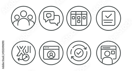 Line style icons of app development: team collab icon, designer-dev chat badge, sprint planning board, task on Kanban card, UX/UI sync symbol, interface approval ring, design feedback loop,