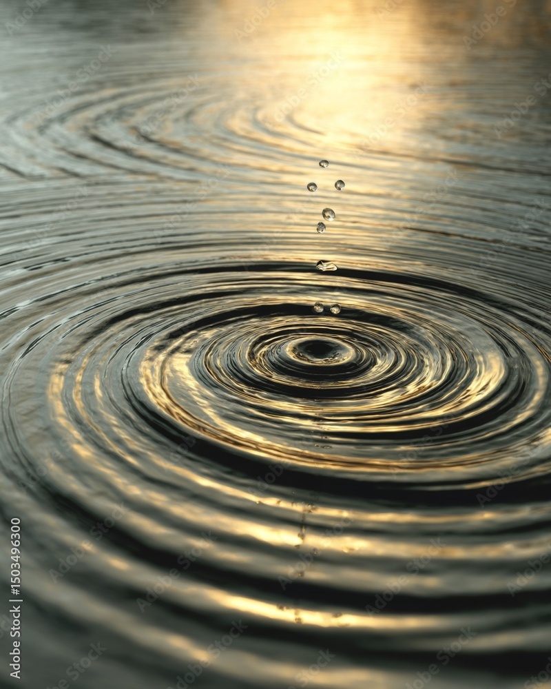 Fototapeta premium Golden Water Droplets Creating Concentric Ripples