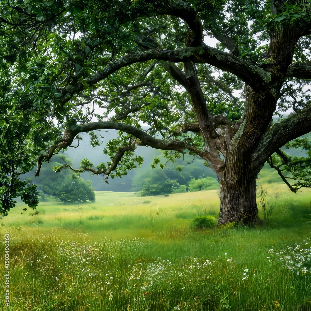 Fototapeta premium an ancient oak tree in the center of a meadow with deep green grass and small wildflowers dotting the landscape