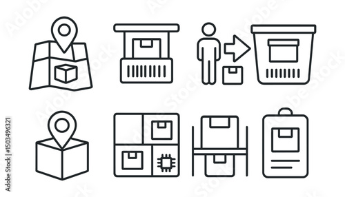 Line style icons of inventory management: product location map, shelf code tag, aisle finder symbol, bin code icon, GPS tracker on item, smart storage layout, box on shelf icon, labeled storage zone.