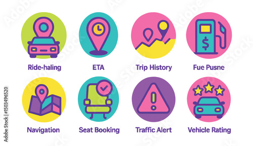 Two-Color vector icons of transportation apps in circular design: ride-hailing icon, ETA pin, trip history, fuel price, navigation map, seat booking, traffic alert, vehicle rating.