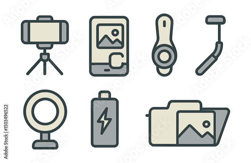 Outline with Fill vector icons of mobile photography kit: smartphone tripod, editing app, lens clip, selfie stick, light ring, backup battery, timer icon, gallery folder.