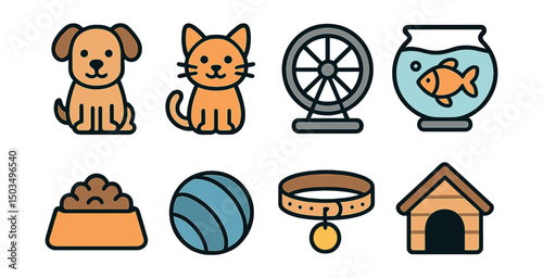 Outline with Fill vector icons of cute home pets: dog, cat, hamster wheel, fishbowl, pet food, ball toy, collar, pet house.