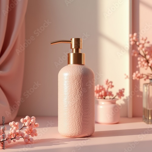Elegant pink pump bottle surrounded by delicate flowers, perfect for beauty, skincare, and home decor branding.