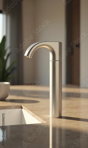 Sleek, modern kitchen faucet showcasing minimalist design and contemporary aesthetics, ideal for home renovation, interior design, or plumbing projects.