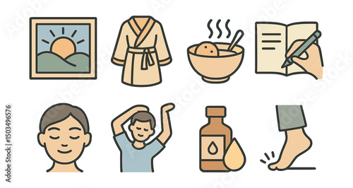 Outline with Fill vector icons of peaceful morning rituals: sunlight window, cozy robe, slow breakfast, journal writing, calm face, light stretch, essential oil, quiet steps.