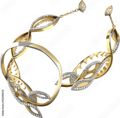 Golden diamond jewelry set with necklace and bracelet on isolated background