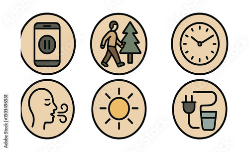 Outline with Fill style icons of digital detox habits in circles: phone with pause, forest walk, closed laptop, analog clock, breath icon, sunlight, unplugged plug, water glass.