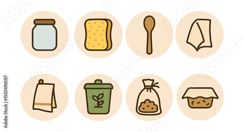 Outline with Fill style icons of eco-friendly kitchen in circles: glass jar, reusable sponge, bamboo utensil, cloth towel, compost bin, bulk bag, metal straw, food wrap.