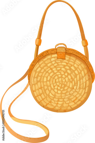 Empty brown wicker picnic basket with handle on a white background