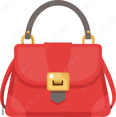 Red fashion accessory handbag with a personal handle and lock, isolated vector illustration