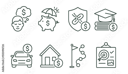 Line style icons of financial goals: dream goal icon, vacation savings, debt-free plan, education fund, new car goal, home down payment, milestone tracker, goal planning board.