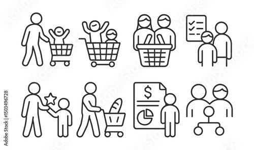 Line style icons of family shopping: parent with child cart, kids seat in trolley, family basket, shopping list together, reward for kids, snack in cart, family budget planning, shared decision.
