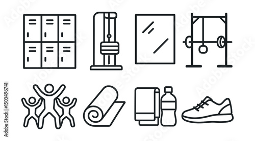Line style icons of gym and workout space: gym locker, weight machine, mirror wall, workout station, group class icon, gym mat roll, towel and bottle, gym shoes.