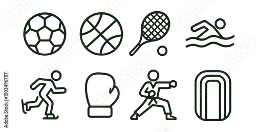 Line style icons of sports and movement: soccer ball, basketball icon, tennis racket, swimming figure, skating icon, boxing glove, martial arts pose, track lane.