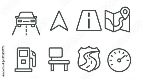 Line style icons of road travel: car on road, navigation arrow, highway sign, driving map icon, gas station, rest area bench, road trip badge, speedometer.