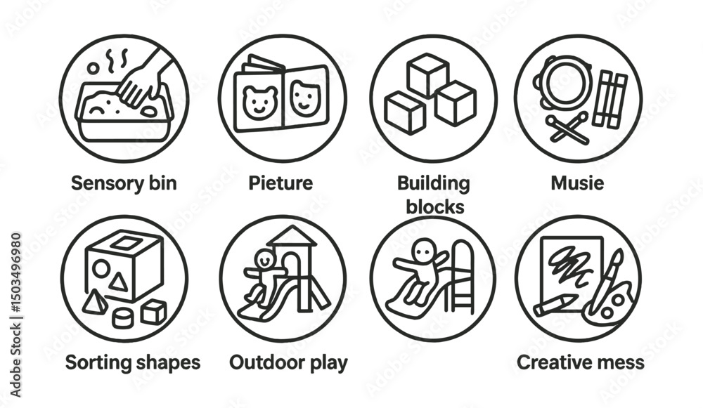 Naklejka premium Line style icons of learning and play in circles: sensory bin, picture books, building blocks, role play toys, music instruments, sorting shapes, outdoor play, creative mess.