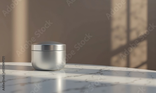 Elegant silver cosmetic jar on a marble surface, illuminated by soft light, perfect for beauty, skincare, or packaging designs in advertising and marketing.