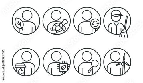 Line style icons of environmental work in circles: ecologist leaf, conservationist animal icon, sustainability officer, park cleaner, recycling coordinator, green tech expert, climate analyst,