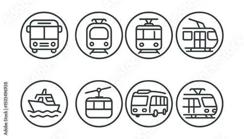 Line style icons of public transport modes in circles: city bus icon, subway train, tram car, trolleybus, ferry boat, cable car, airport shuttle, light rail.