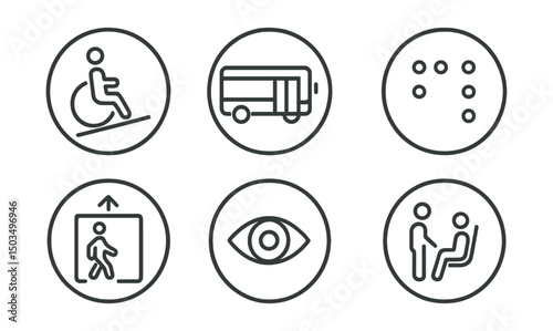 Line style icons of accessibility in transport in circles: wheelchair ramp, low-floor bus, audio announcement, braille sign icon, elevator to platform, visual signal, priority icon, stroller space.