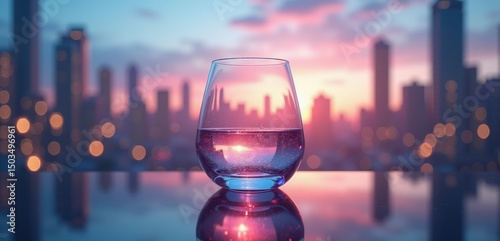 A serene glass of water against a vibrant city skyline at dusk, capturing the essence of tranquility and urban life.