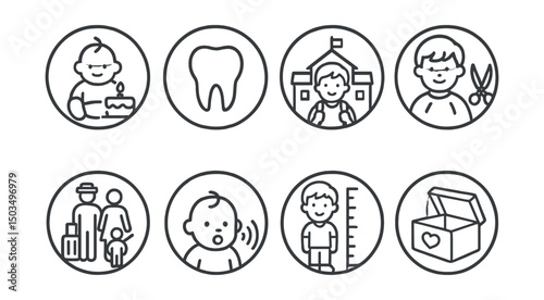 Line style icons of parenting milestones in circles: baby’s first birthday, first tooth, preschool enrollment, first haircut, family vacation, first words, growth leap, keepsake box.