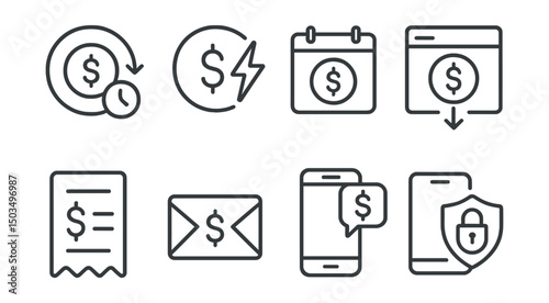 Line style icons of transactions: transaction pending clock, instant payment lightning bolt, scheduled transaction calendar, batch transaction upload, transaction receipt printout, email transaction