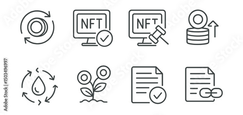 Line style icons of transactions: token transaction, NFT purchase transaction, NFT auction transaction, staking transaction, liquidity provision transaction, DeFi farming transaction, DAO voting