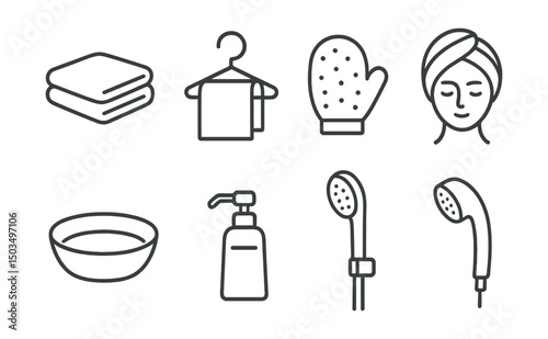 Line style icons of Japanese bath: towel folding icon, drying hook, gentle scrub mitt, facial towel wrap, personal hygiene bowl, rinse bottle, compact shower icon, handheld spray.