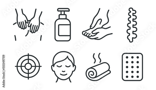 Line style icons of massage and bodywork: hands massaging back, oil pump bottle, foot massage icon, spine alignment icon, pressure point symbol, calm face, hot towel, massage mat.