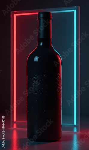 A sleek, dark wine bottle stands against a striking neon-lit backdrop, perfect for showcasing luxury, elegance, and modern branding in the beverage industry.