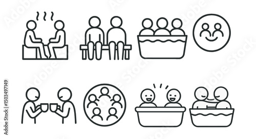 Line style icons of bath as social space: friends chatting in steam, shared bench, group bath icon, smile circle, toast with tea, gathering symbol, laughter in air, bonding moment.