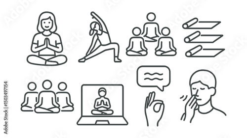 Line style icons of yoga and breathwork: yoga teacher, student in pose, class outline icon, yoga studio mat row, group breathing, online yoga icon, calm instruction speech bubble, gesture for breath.