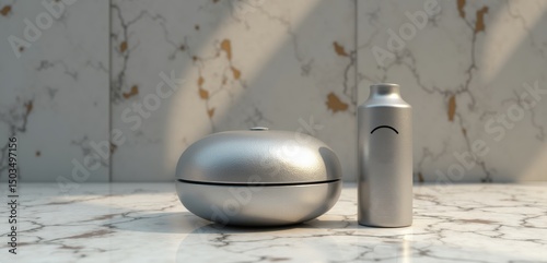 Sleek silver portable vaporizer and case on a marble surface, perfect for modern lifestyle and wellness marketing visuals.