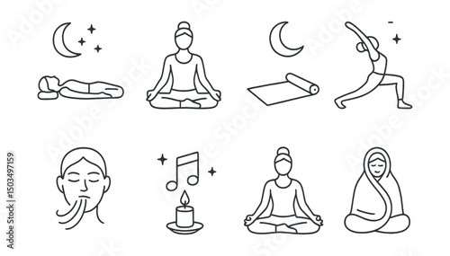 Line style icons of yoga and breathwork: yoga for sleep, night flow, evening mat icon, moon pose, relaxing breath icon, soft night music, candle-lit yoga icon, yoga blanket wrap.