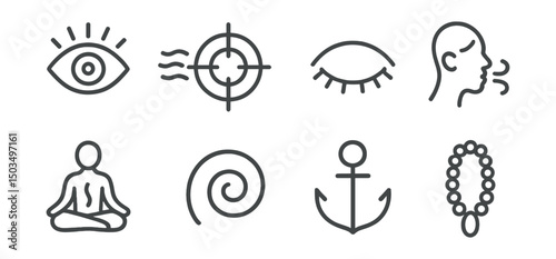 Line style icons of yoga and breathwork: focused gaze icon, breath focus target, eye relaxation icon, breath with intention symbol, meditative breath line, calming spiral, attention anchor, breath