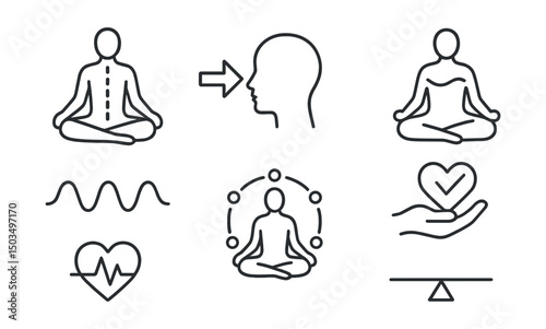 Line style icons of meditation and mindfulness: body scan icon, attention arrow, breath with body flow, sensation wave, emotional check-in icon, gentle pulse symbol, internal rhythm icon, balance