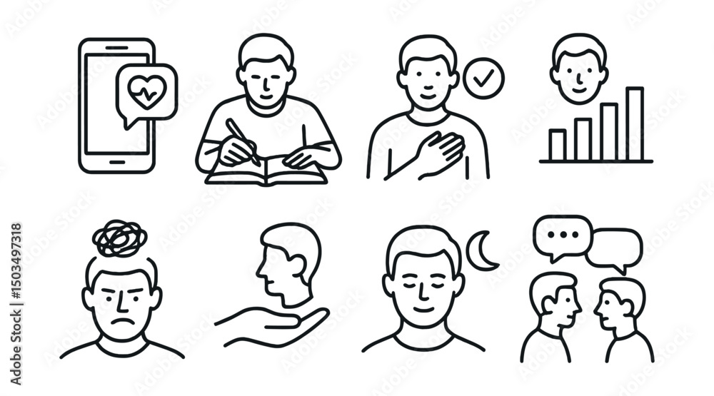 Fototapeta premium Line style icons of men’s health: mental health app, journaling icon, daily check-in, mood bar chart, inner critic face, self-acceptance hand, quiet moment icon, community peer talk.