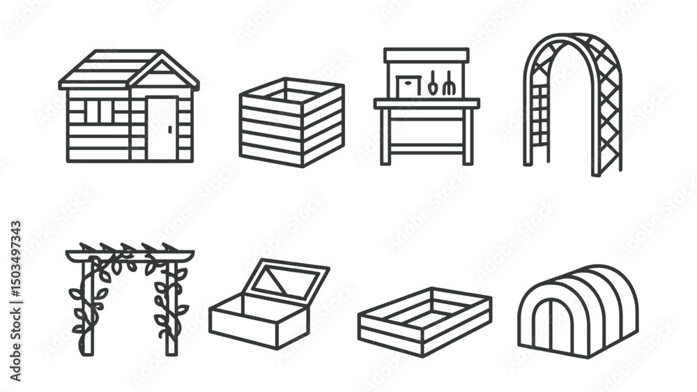 Line style icons of garden structures: wooden shed, compost bin enclosure, potting bench, trellis arch, pergola with vines, cold frame box, raised bed frame, greenhouse tunnel.