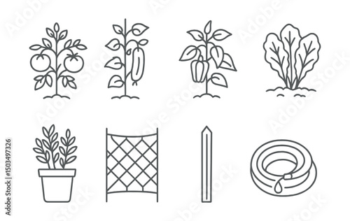 Line style icons of garden and greenhouse: tomato plant, cucumber vine, pepper bush, leafy greens, herbs pot, trellis netting, garden stake, drip irrigation hose.