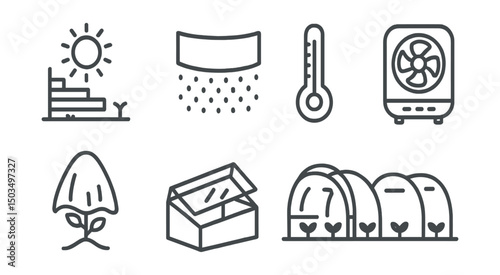 Line style icons of garden and greenhouse: sun exposure chart, shade cloth, temperature gauge, greenhouse heater, fan vent icon, frost protection cover, cold frame, grow tunnel.