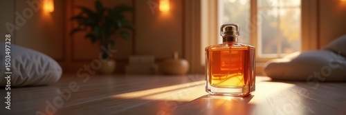 A luxurious glass bottle of amber essence sits elegantly in a serene, sunlit room, capturing the essence of tranquility and sophistication for wellness or fragrance marketing.