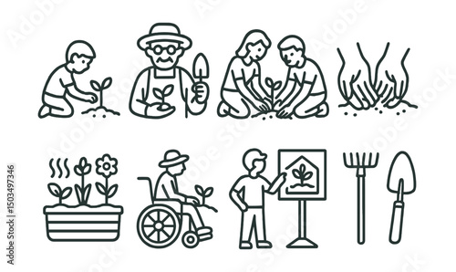 Line style icons of garden and greenhouse: child planting icon, elder gardener icon, gardening with family, hands in soil, sensory garden icon, therapeutic planting, garden education symbol, shared